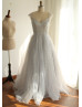 Light Grey Satin Organza Heart Cut Back Prom Dress